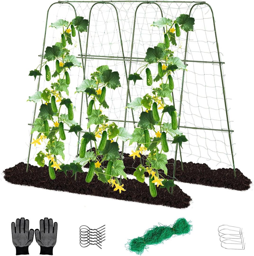 Lalahoni Cucumber Trellis, 65" X 65" Metal Garden Arch Trellis Climbing Plant Outdoor Support for Vine Fruits Flowers Vegetables Peas Beans Squash Cucumber Tomato Raised Bed, with Netting, Lightweight