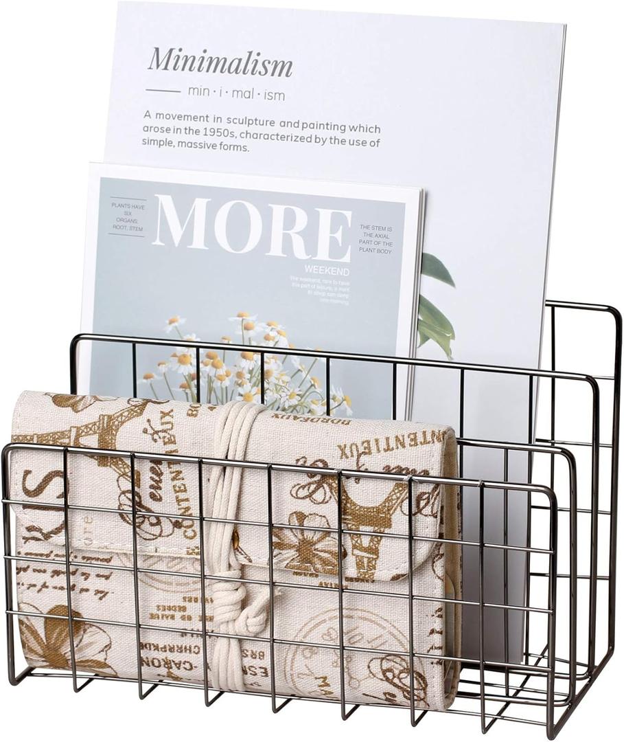 Desktop Mail Organizer File Organizer Metal Wire Mail Sorter Letter Organizer Magazine Rack for Letters, Mails, Books, Postcards, Brochures, Mail Holder (3 Slot, Dark Gray)