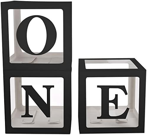 Sooyee First Birthday Decorations for Girl or Boy,3 Pcs ONE Balloon Boxes For 1st Birthday Girl Decoration,Baby Cube Blocks Party Decor With ONE Letters,Black
