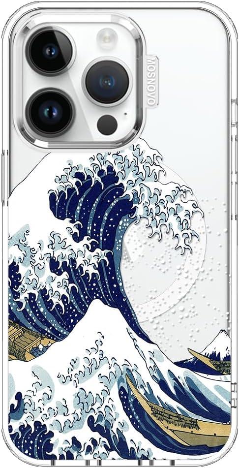 MOSNOVO Case for iPhone 14 Pro, [Compatible with Magsafe] [Buffertech 6.6ft Military-Grade Drop Protection] [Anti Peel Off Tech] Clear Phone Case Design - Great Wave