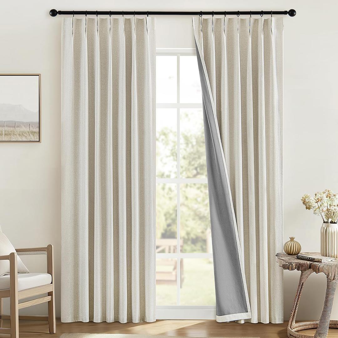 MIULEE Linen Pinch Pleated 100% Blackout Curtains for Bedroom 96 Inch Long 2 Panels Set - Back Tab Track Cream Black Out Curtain for Living Room Darkening Triple Pleat Drapes with Hooks, Natural