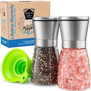 Home EC Original Stainless Steel Sea Salt and Pepper Grinder Set of 2 - Adjustable Ceramic - Glass Salt and Pepper Shakers - Kitchen Pepper Mill & Salt Mill W/Funnel & EBook