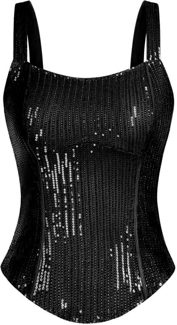 GRACE KARIN Sequin Tank Tops for Women Bustier Corset Top Sparkle Sexy Slim Camisole Sleeveless Party (Small, Black)