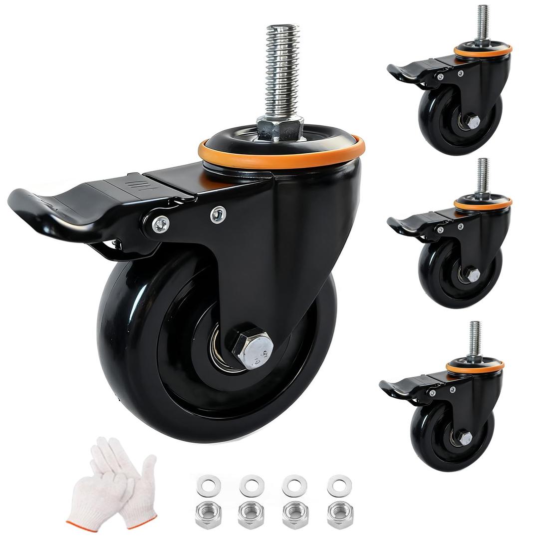 4-inch Shaft-Type Universal Caster 1600 lbs, Set of 4 Heavy Duty 0.472 Coarse Thread (Length 1.1811 inches), Safety Double Lock Caster, Industrial Shopping Cart, Furniture, Shelving