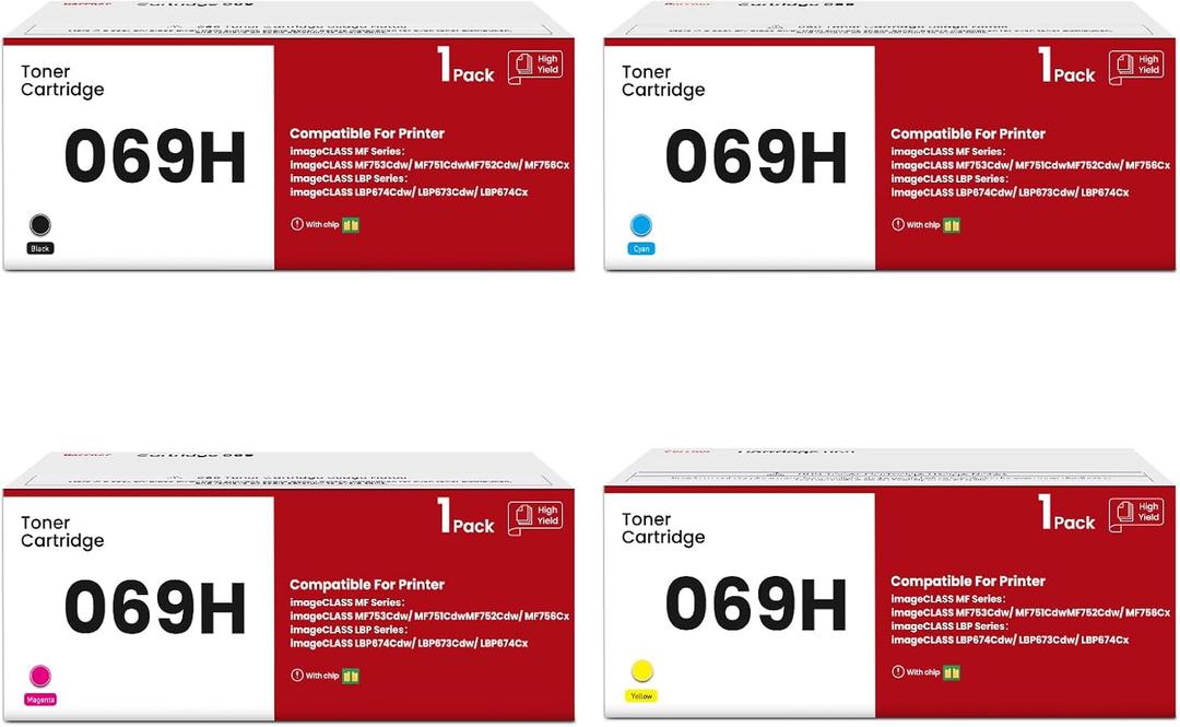 069H Toner Cartridges Set MF753Cdw MF751Cdw Toner Cartridges Compatible for Canon 069 069H Toner 069H for Canon imageCLASS MF753Cdw MF751Cdw LBP674Cdw LBP673Cdw LBP674Cx 069H Printer Toner with Chip (black cyan Magenta yellow)