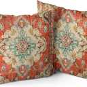 Boho Pillow Covers 18"x18" Set of 2 Monaco Orange Bohemian Carpet Double Sided Pattern Linen Pillowcases Cushion Cover for Farmhouse Couch Sofa Bed Decorative, Only Pillowcase