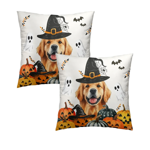 Evlaschin 18"x18" Halloween Dog Pillow Covers Set of 2, Spooky Gothic Pumpkins Ghost Bats Cotton Throw Cushion Cover, Funny Golden Retriever Soft Pillow Cases for Sofa Couch Car Bed Decor