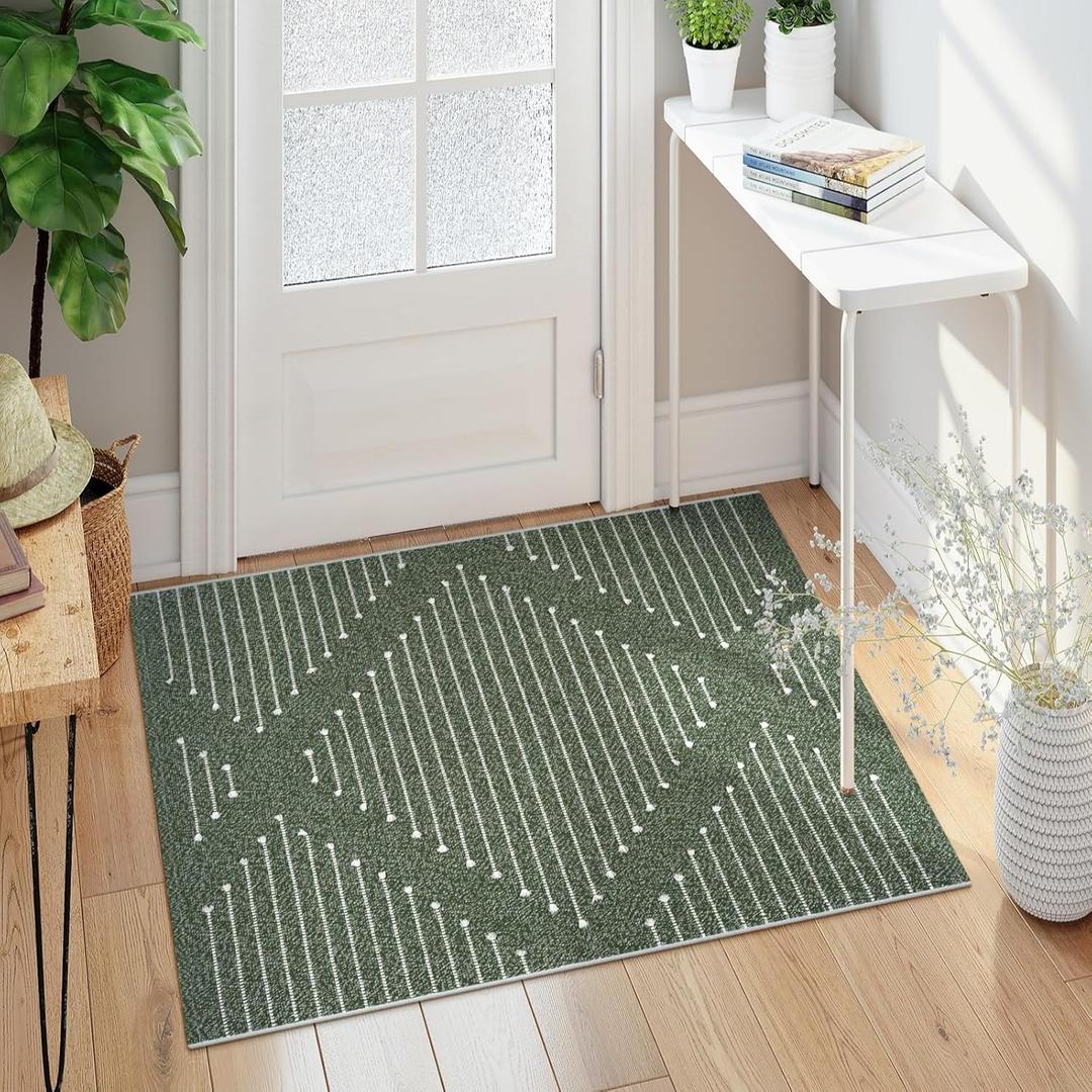 LIVEBOX Boho Sage Green Rug for Entryway Indoor, 2.3' x 3.6' Washable Kitchen Rug Moroccan Front Door Rug Outdoor Doormat, Hand-Woven Area Rug Carpet for Layered Entrance Porch Bathroom, Sage Green
