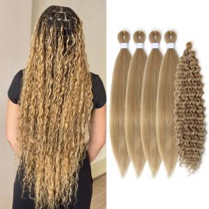 Ash Honey Blonde Braiding Hair Pre stretched,Knotless Boho Hair for Braiding Synthetic Hypoallergenic Curly Crochet Braids Twist Bohemian Box Braids Hair (#M27/613 5Packs)