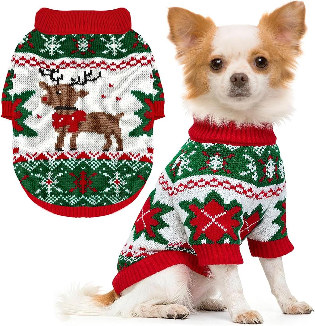 SEHFKKD Dog Christmas Sweater Soft Warm Fall Winter Cat Clothes Puppy Sweater for Small Dogs Cute Xmas Reindeer Doggie Outfit Cat Sweaters with Sleeves Pet Holiday Costume Chihuahua Apparel(Green, XS)