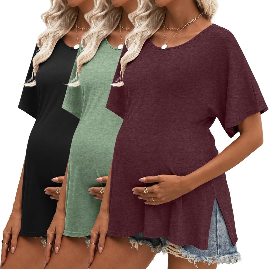 Riyiper 3 Pack Women's Maternity Tunic Shirts Cotton Summer Pregnancy Clothes Loose Oversized Split Side Blouse Tops(Light Green, Wine Red, Black,S)