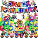 42 Pcs Cartoon Theme Birthday Decorations, Cartoon Party Decorations, Includes 1 Banner, 16 Latex Balloons, 1 Cake Toppers, and 24 Dessert Toppers
