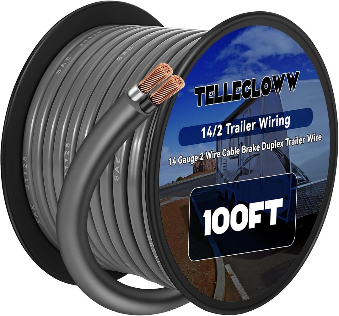 Tellegloww 14/2 Trailer Wiring 100 ft Gray Jacketed Wire 14 Gauge 2Cable Brake Duplex Trailer Wire for Towing General Rewiring