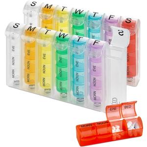 Weekly Pill Organizer - (Pack of 2) Pill Planners for Pills & Vitamins Each Day Week, Four Times-a-Day Medication Reminder, Easy to Read AM/PM Compartments Monday to Sunday for Travel & Purse (Multi)