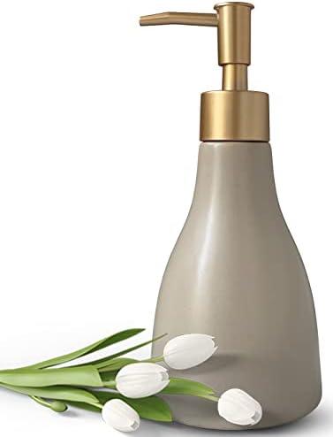 280ml Liquid Soap Dispenser for Bathroom with Gold Pump, Dish Soap Dispenser for Kitchen Refillable Countertop Lotion Ceramics Khaki Hand Soap Dispenser for Shower