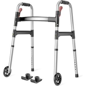 Folding Walkers for Seniors with Wheels, Lightweight Rolling Walker, FSA/HSA, Height Adjustable Standard Walker with Aluminum Frame, Silver