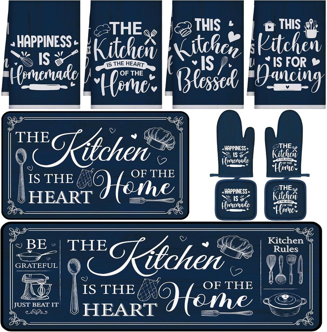 Fourluoo 10 Pcs Farmhouse Kitchen Decor and Accessories Set 4 Kitchen Towels 2 Pot Holders 2 Oven Mitts 2 Rugs for Cooking Baking Mom Housewarming Gifts(Dark Blue,Classic Style)