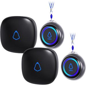 Caregiver Pager, Wireless Call Button for Seniors/Elderly at Home, 2 SOS Buttons + 2 Receivers Medical Life Alert System, Emergency Panic Call Bell, Nurse Calling & Patient Assistance Alarm (Black)