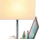 Dreamholder Desk Lamp with 3 USB Charging Ports, Table Lamp with 2AC Outlets and 3 Phone Stands, Nightstand Bedside Lamp with Natural Wooden Base and Cream Linen Shade