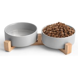 Grey Ceramic Dog & Cat Bowl Set  13.5 OZ with Wooden Stand, Non-Slip, Elevated Design for Small Dogs & Cats  2 Bowls (Food & Water, Ceramic Pet Bowls, Modern Dog Bowls)