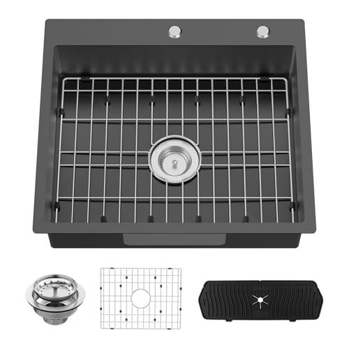 Black Kitchen Sink, 25x22x6 Inch Low Height Design Single Bowl Stainless Steel Drop In Kitchen Sink Come With Accessories Ensure Individuals With Limited Mobility Easily Accessing And Using