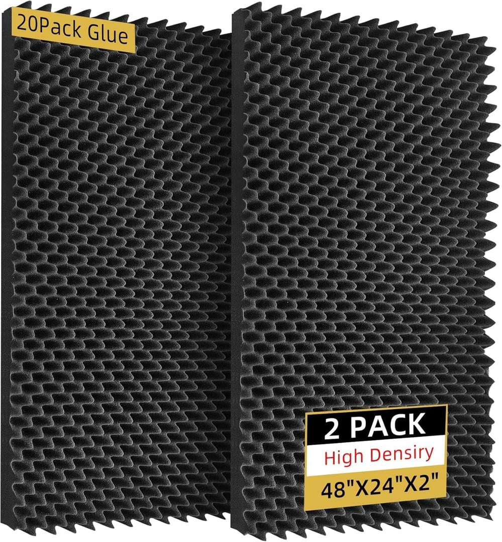 2 Pack Sound Proof Foam Panels | 48"×24"×2" Egg Crate Foam Pad | High Density Soundproof Wall Panels for Home Studio Noise & Thermal Insulation |With Adhesive Stickers 20PCS(Black)