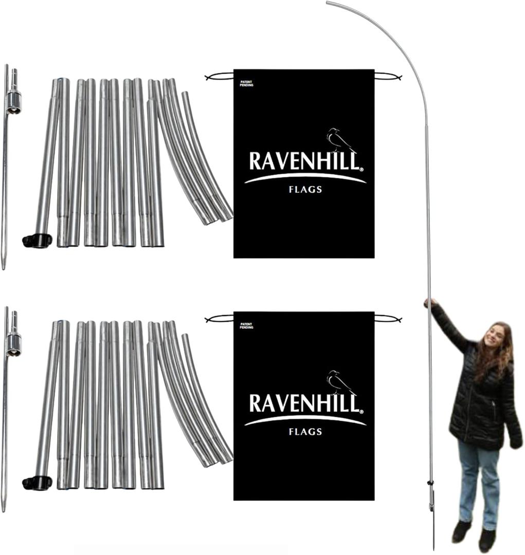 Ravenhill Feather Flag Pole Kit up to 13 FT with Rotating Ground Stake, Made with Reinforced Aluminum, Resists Winds of 40 MPH, Great for Business Advertising Outdoor (2-Pack Pole Set)