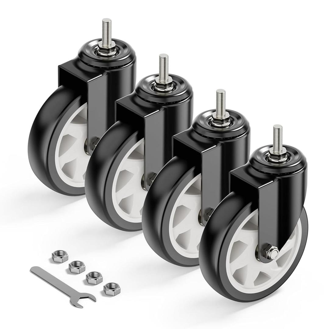 HOLKIE Caster Wheels 5 inch with No Brake Stem Casters, 3/8" -16 x 1 (Stem Diameter 3/8", Stem Length 1") Threaded Swivel Casters Set of 4 Heavy Duty Castors Black