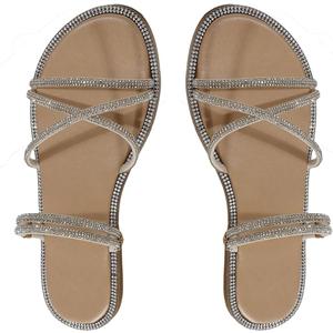 OYOANGLE Women's Rhinestone Strappy Open Toe Slide Sandals Slip on Casual Flat Sandals (9, Apricot)