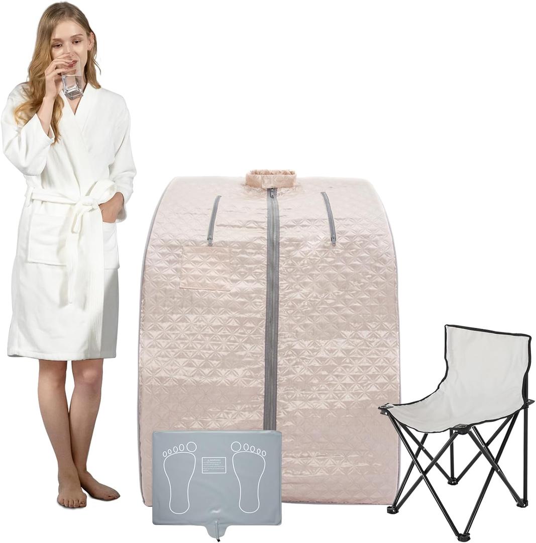 Smartmak Far Infrared Sauna, Full Body One Person Portable SPA Set with Time & Tempreture Remote Control, Heating Foot Pad and Foldable Reinforced Chair (L 27.6 x W 31.5 x H 37.8)- Pearl Pink