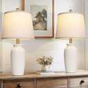 CINSARY 24.5" Farmhouse Jar Ceramic Table Lamps Set of 2, Vintage Rustic Bedside Nightstand Lamps with 2 LED Bulbs, Beige Farmhouse Table Lamps for Living Room End Table Bedroom Country Cottage Decor