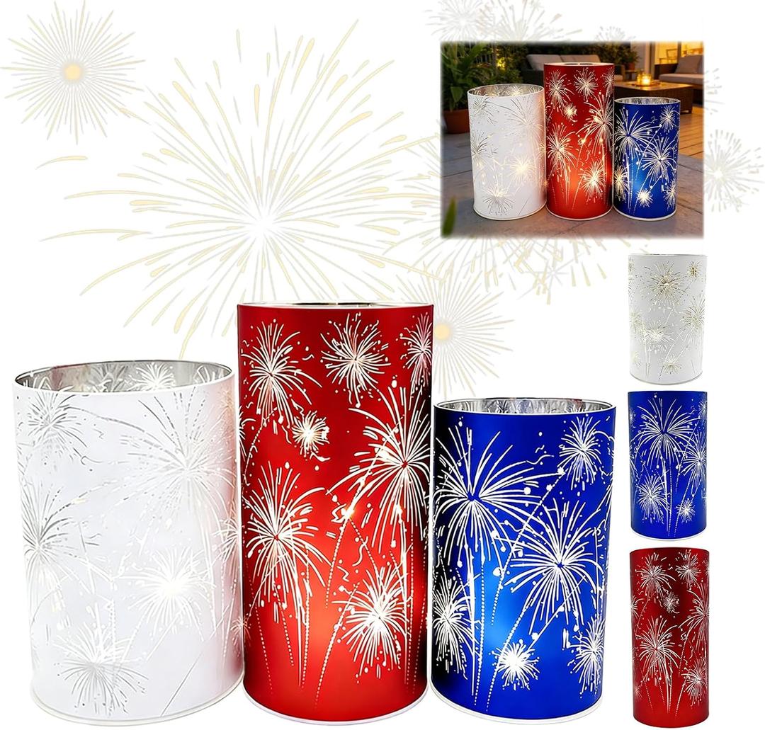 Set of 3 Celebration Hurricanes, Flameless Glass Pillars with 3D Starburst Effect, Glowing Firework Lights for Ambient Illumination, Elegant Centerpieces for Dining Table, Christmas & Party Decor