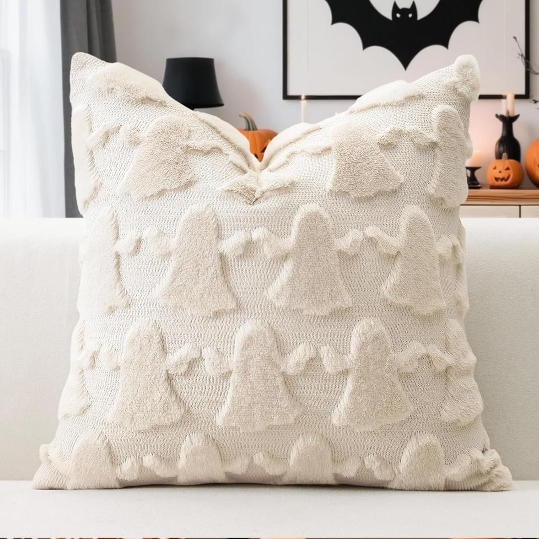 OTOSTAR Set of 1 Ghost Pillow Cover Halloween Throw Pillow Covers for Sofa Couch Bed Living Room Soft Plush Short Wool Velvet Farmhouse Pillowcase for Thanksgiving Pure White 16x16 Inch 2 Pack