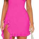 Women Sleeveless Sexy V Neck Bodycon Mini Dress Summer Side Slit Mesh Irregular Ruffle Hem Backless Short Dress, Rose red, M