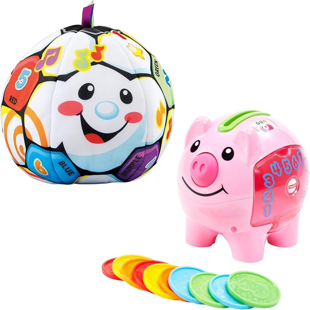 Fisher-Price Learning Toy Bundle with Laugh & Learn Smart Stages Piggy Bank and Singin Soccer Ball for Infants and Toddlers