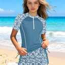 BAVADER Girls Rash Guard Swimsuit 2 Piece Short Sleeve Half Zip Bathing Suit Drawstrings UPF 50+ Swimwear Set with Boy Shorts