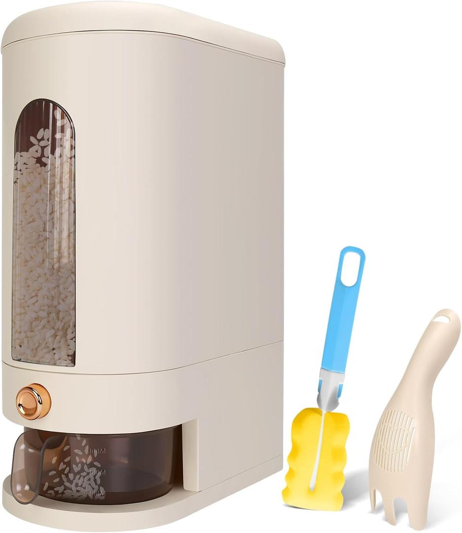 25Lbs Rice Dispenser,Large Rice Container with Measuring Cup,Moisture Proof Cereal Dispenser Storage with Time Scale,Dry Food Dispenser,Kitchen Organization Home Pantry Rice Corn(Cream White)