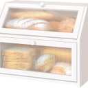 White Bread Box for Kitchen Counter, Large Bamboo Wood Double Layer Bread Box, Wooden Bread Storage Capacity