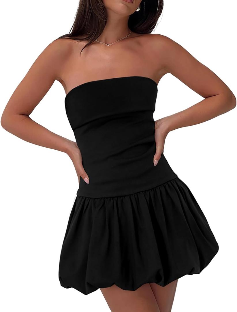 HYPERFIRE Women's Elegant Strapless Tube Bubble Mini Dress Bow Back Dresses Wedding Club Party Large, Black