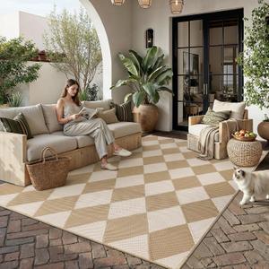 Outdoor Plastic Checkered Rug Waterproof Patio 8x10 Beige Brown Diamond Geometry Mat for Porch Camping RV Balcony Deck Courtyard Reversible Lightweight Durable Portable