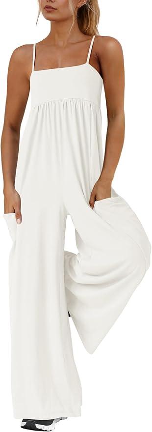 Yanekop Womens Overalls Loose Fit Spaghetti Strap Wide Leg Jumpsuit Summer workout One Piece Jumpsuits with Pockets XL