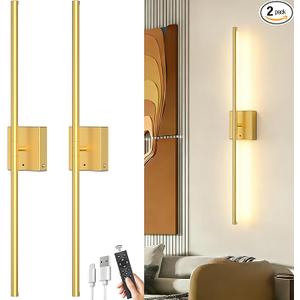 Battery Powered Wall Sconce Set of Two: Gold Wireless Rechargeable Wall Lights with Touch and Remote Control, 360°Rotatable 4CCT Dimmable Cordless Scone Lighting Decor for TV Wall Bedroom Bathroom