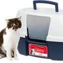 IRIS USA Corner Cat Litter Box Enclosure with Scoop, Small Cat Litter Box with Lid, Corner Litter Box Enclosure for Kittens to Medium Sized Cats, Odor Defensive Hooded Litter Tray, Navy/White
