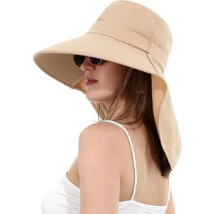 Womens Sun Hat Wide Brim with Ponytail Hole Neck Flap Outdoor UV Protection Foldable Fishing Cap UPF 50+ (Beige)