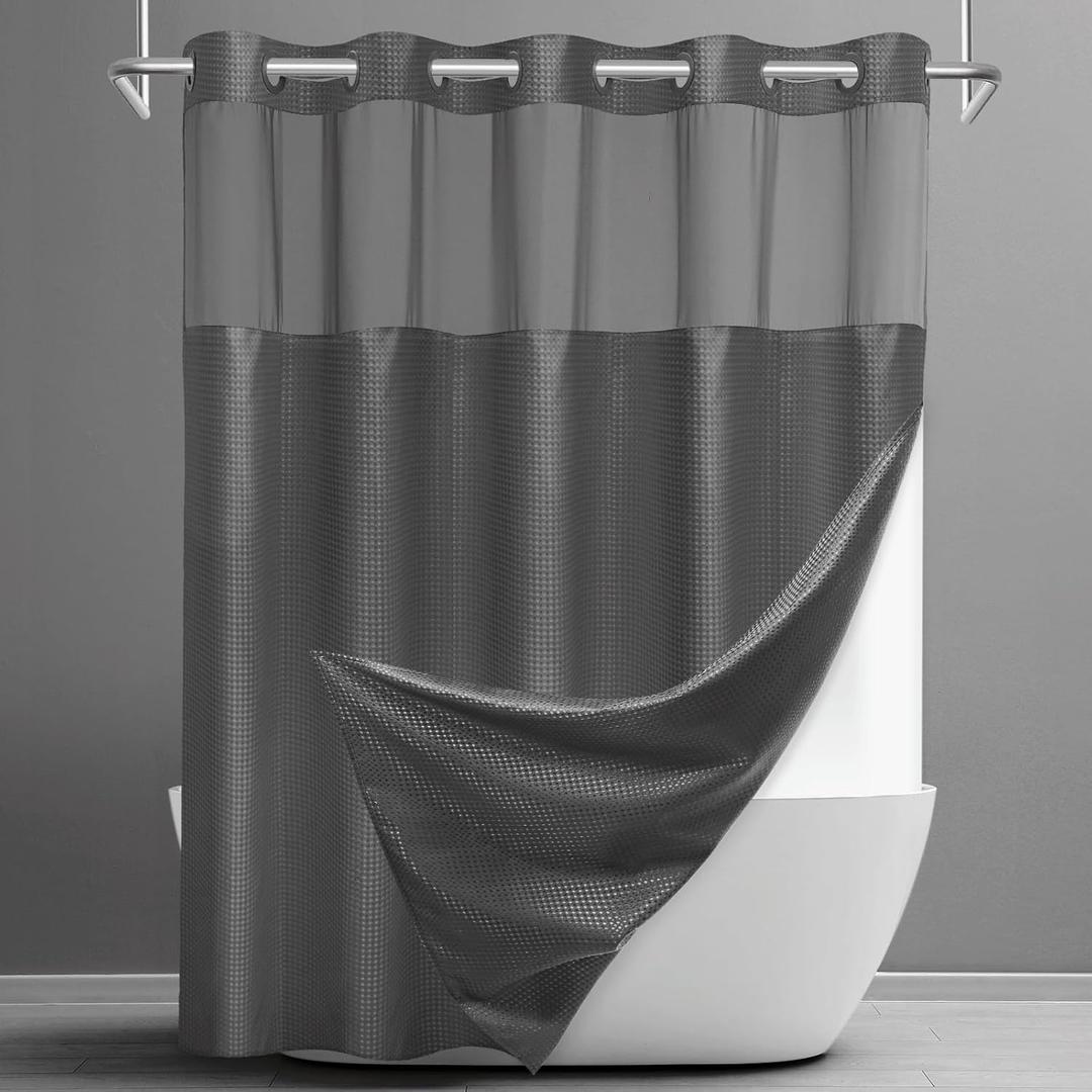 SORTTO No Hook Shower Curtain with Snap in Liner Set Waffle Shower Curtain for Bathroom Hotel Style Fabric Waterproof Inner Liner71" W x 80" H, Dark Grey