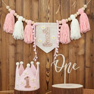 Boho Daisy Highchair Banner 1st Birthday Decorations Girl for First Birthday Decorations Set with Handmade Cake Topper Crown Hat