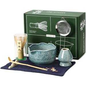 Matcha Whisk Set, 7 Pcs Matcha Kit Includes Ceramic Blue Matcha Bowl, Whisk and Holder, Bamboo Scoop, Scoop Stand, Sifter, and Tea Towel - Traditional Tea Ceremony Accessory Set for Matcha Lovers