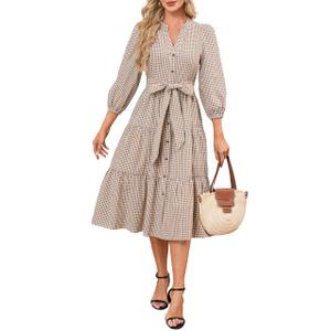 YEXPINE Women's Gingham Maxi Dress Puff Sleeve V-Neck Button Down Flowy Tiered Belted Dress Brown XXL