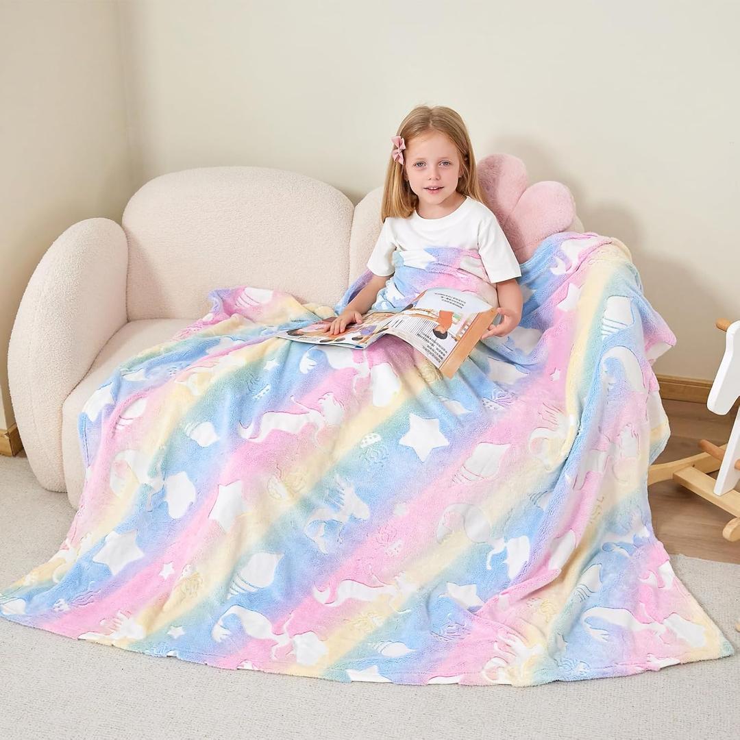Softan Kids Throw Blanket Glow in The Dark, Soft Cozy Flannel Luminous Blanket for Sofa Couch Bed, Christmas Birthday Gift for Kids, Jellyfish 30x40IN 
