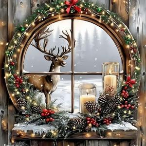 2 x Christmas Deer Diamond Paintings Kits for Adults, Christmas Scenery Diamond Art Kits Full Drill Diamond Dots Paint with Diamonds Candle Gem Arts and Crafts for Beginner Adults Home Wall Decor (ZL019)